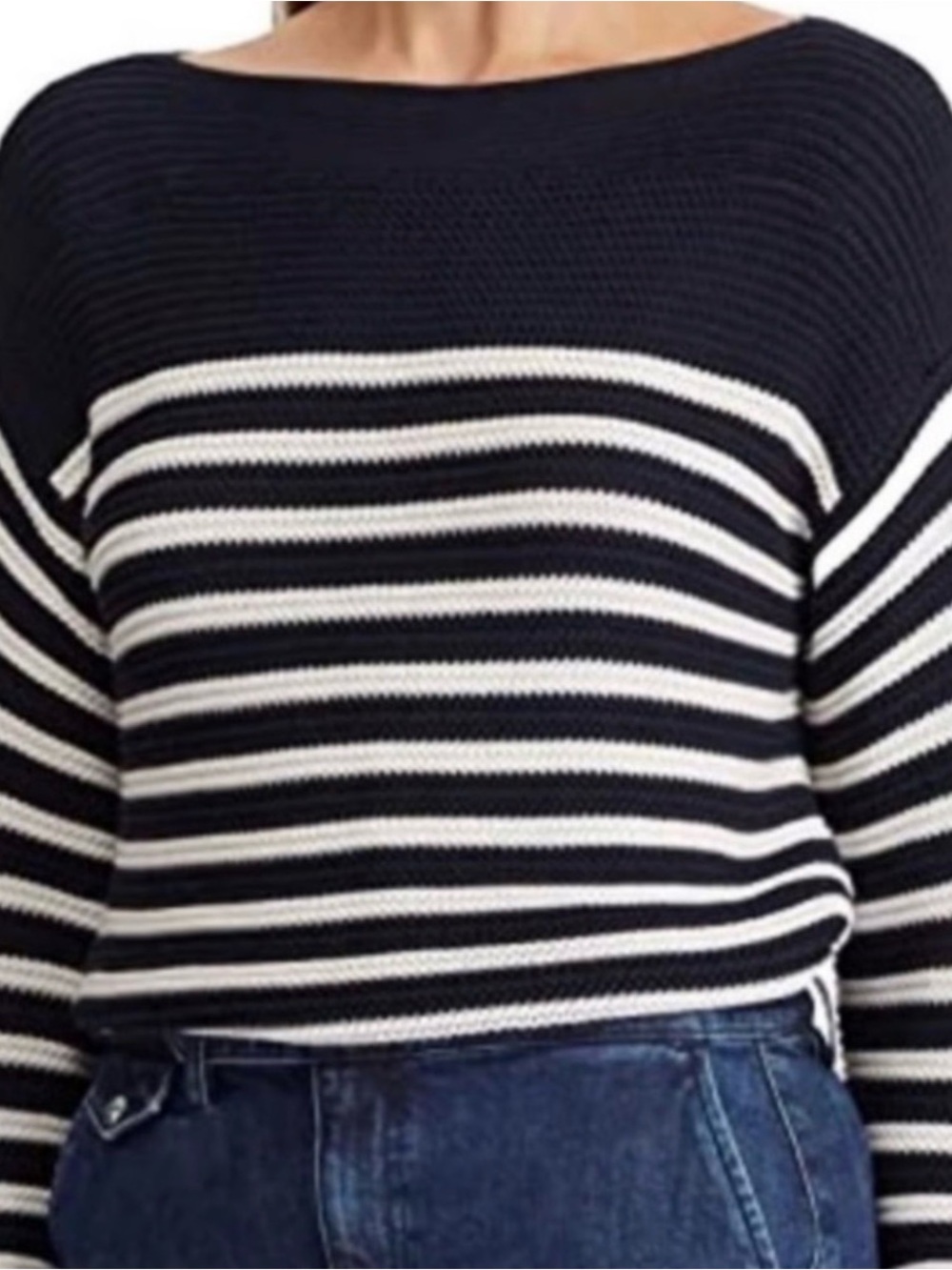 Lauren-Ralph Lauren 100% Cotton Coastal Nautical Stripe Boatneck Sweater Sz L